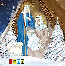 Drewniana stajenka z Józefem, Maryją, Dzieciątkiem i owieczką, wokół ośnieżone drzewka z lampkami pod gwiazdą